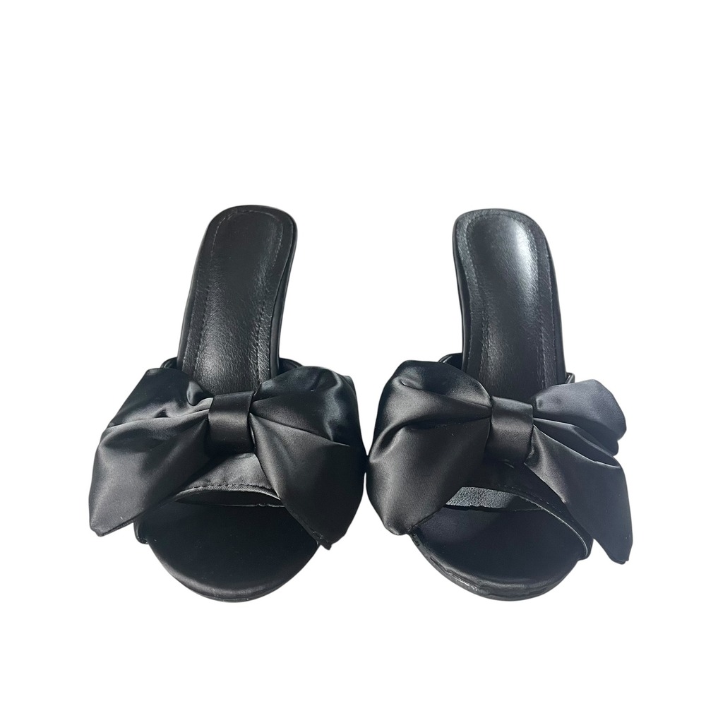 Satin Bow Stiletto Mules High Heels Women Size 8 Black Coquette Chic EU 39 - Picture 2 of 12